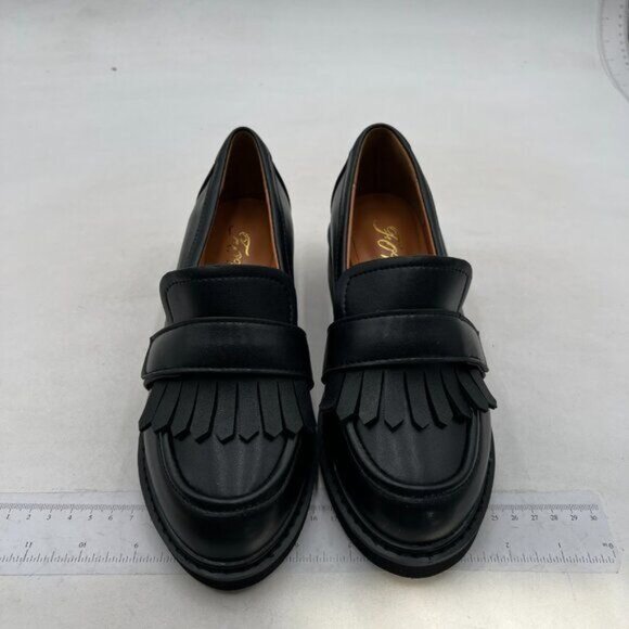 FOWT Women Round Toe Platform Penny Loafers Slip on Tassel Flat Pumps Black Shoe - Picture 3 of 8